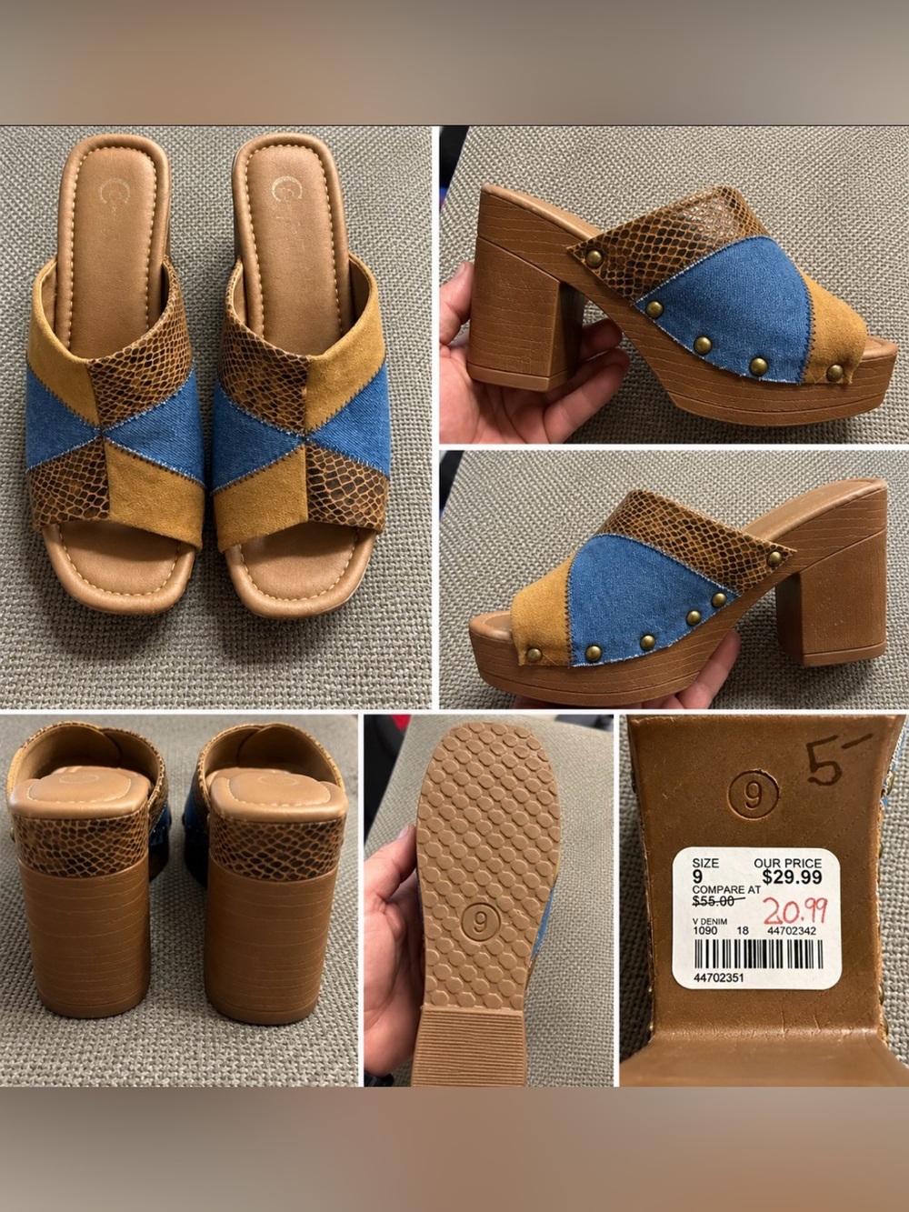 Blue and Tan Block Heel Clog Sandals - Women